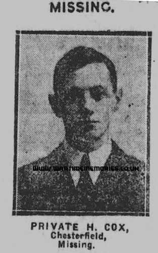 <p>Photo of Harry Cox from Derbyshiire Courier 28th July 1917